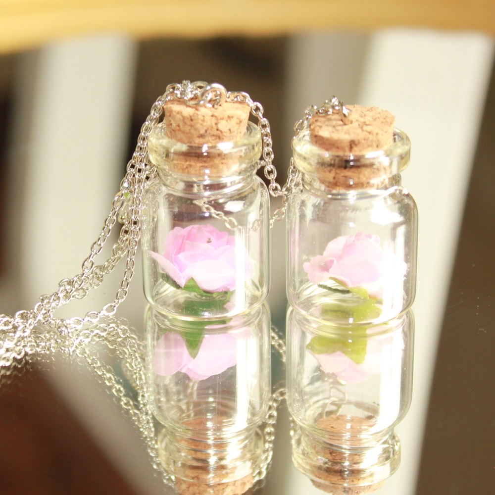 Enchanted pink rose in a vial necklace